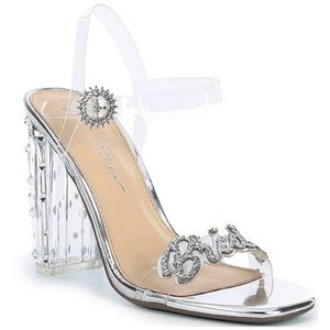 Blue Betsey Johnson Barie Clear Buckle Detail Embellished Glitter Bridal Sandals